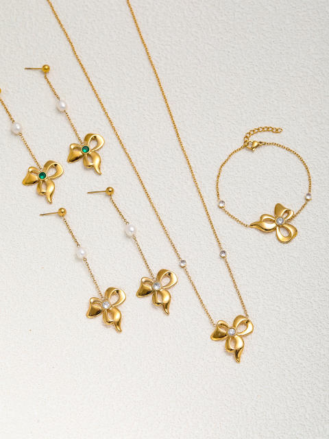 Sweet bow stainless steel dainty necklace earrings set