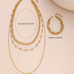 18KG easy match three layer stainless steel chain necklace bracelet set
