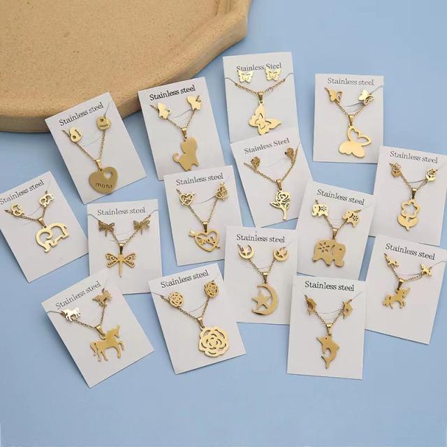 Dainty stainless steel gold color heart horse moon flower necklace set with card gift accessory