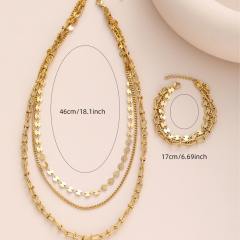 Hot sale gold color three layer stainless steel chain necklace bracelet set