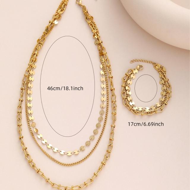 Hot sale gold color three layer stainless steel chain necklace bracelet set