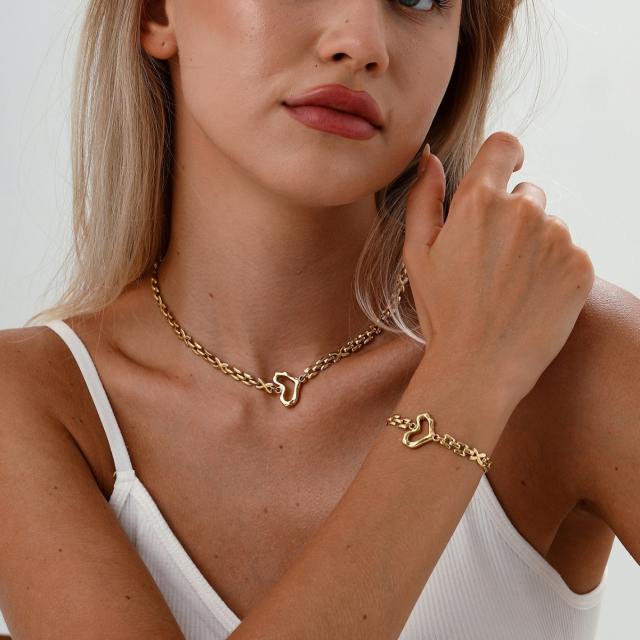 18KG chic heart stainless steel chain choker necklace bracelet set