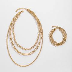 18KG three layer paperclip chain stainless steel necklace bracelet set