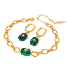 Boho malachite stone stainless steel chain bracelet earrings set