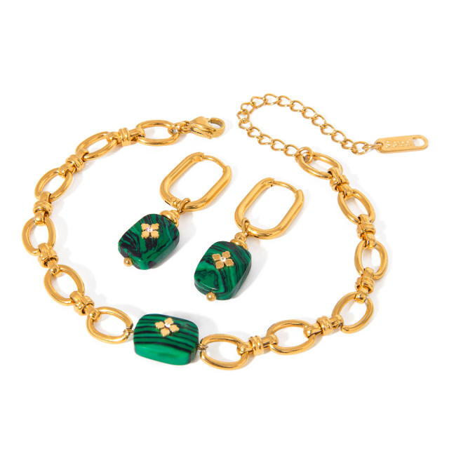 Boho malachite stone stainless steel chain bracelet earrings set