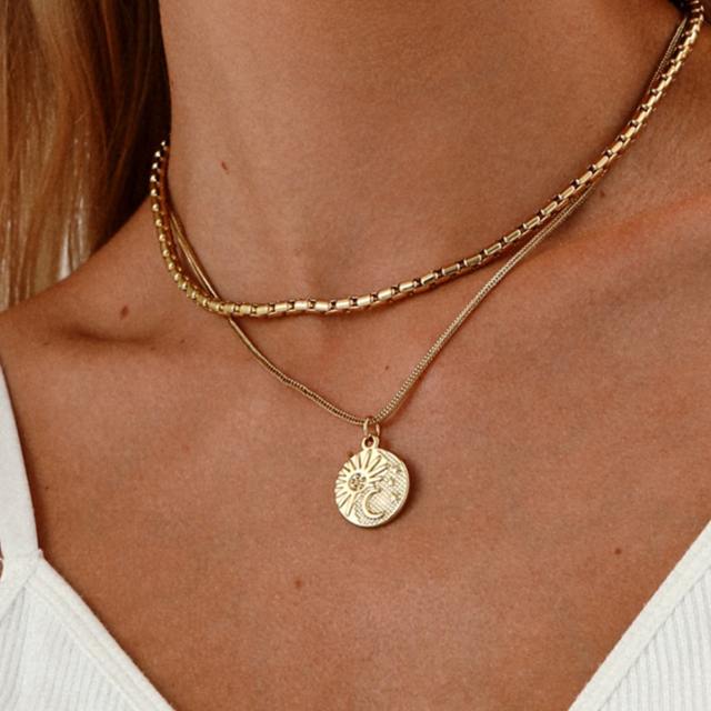 18KG hot girl coin pendant two layer stainless steel necklace