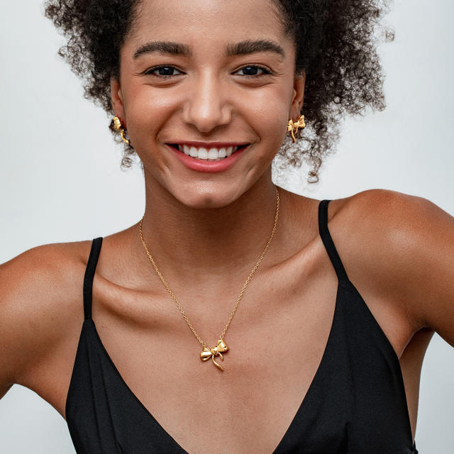 Dainty sweet bow stainless steel necklace earrings set