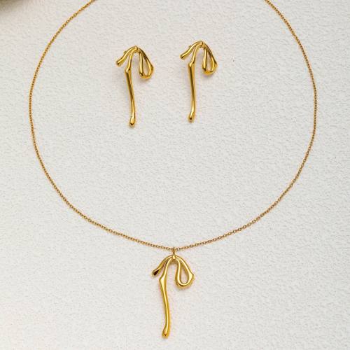 18KG french trend pearl bow stainless steel necklace earrings set