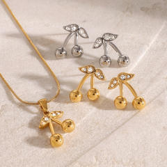 Cute diamond cherry sweet stainless steel necklace earrings set