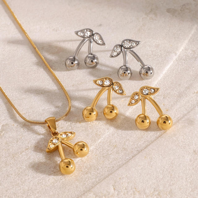 Cute diamond cherry sweet stainless steel necklace earrings set
