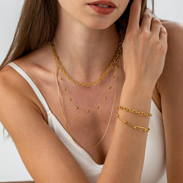 18KG easy match three layer stainless steel chain necklace bracelet set