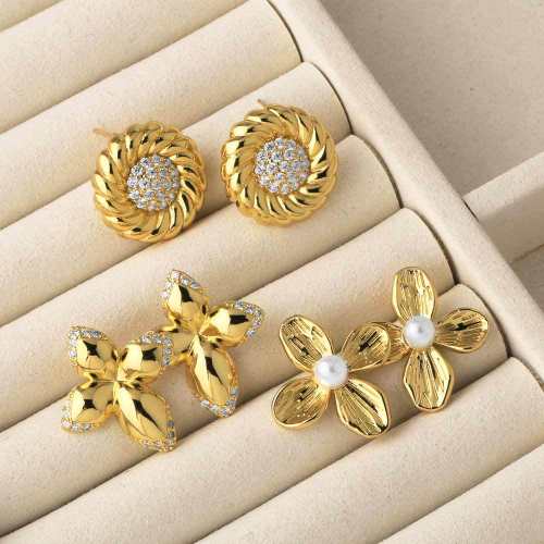 18KG hot sale pearl flower petal copper studs earrings