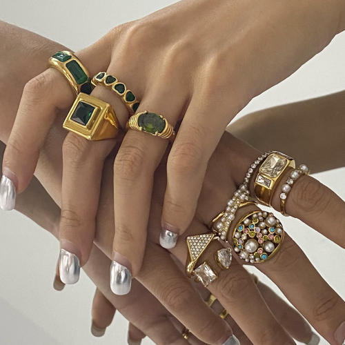 Delicate diamond pearl bead statement stainless steel finger rings collection