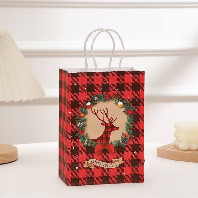 Hot sale red plaid christmas kraft paper bag gift bag