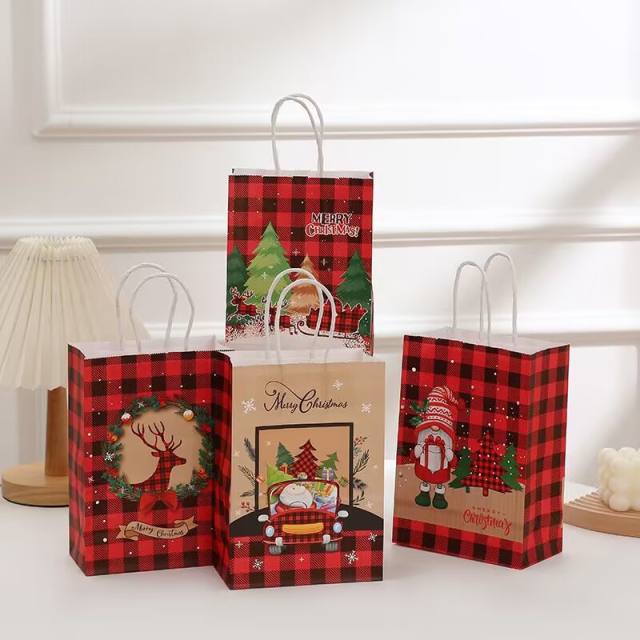 Hot sale red plaid christmas kraft paper bag gift bag