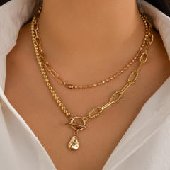 Vintage imiation pearl bead toggle chain two layer fashion necklace