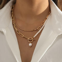 Vintage imiation pearl bead toggle chain two layer fashion necklace