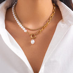 Vintage imiation pearl bead toggle chain two layer fashion necklace