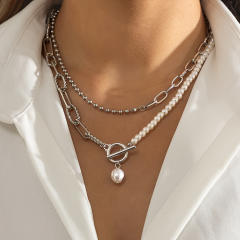 Vintage imiation pearl bead toggle chain two layer fashion necklace