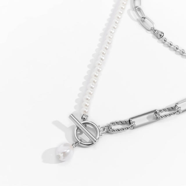 Vintage imiation pearl bead toggle chain two layer fashion necklace