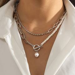 Vintage imiation pearl bead toggle chain two layer fashion necklace