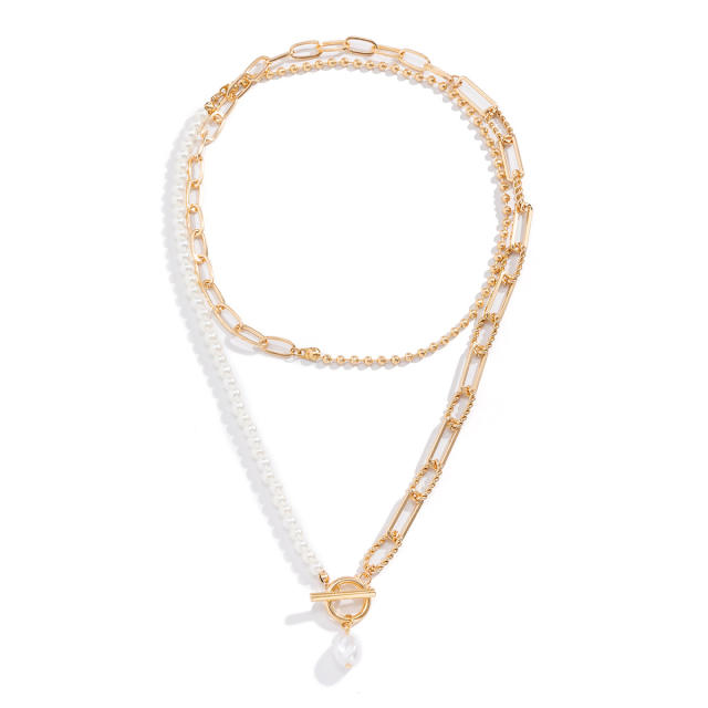 Vintage imiation pearl bead toggle chain two layer fashion necklace