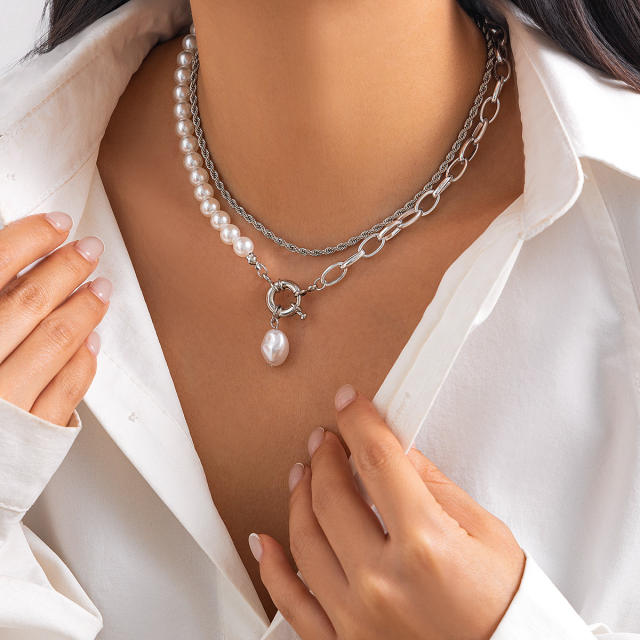 Vintage imiation pearl bead toggle chain two layer fashion necklace