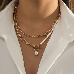 Vintage imiation pearl bead toggle chain two layer fashion necklace