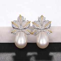 Elegant diamond leaf pearl copper earrings