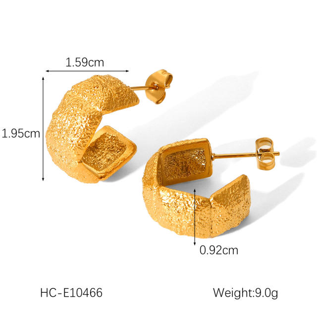 18KG geometric C shape frosted hammer pattern stainless steel earrings