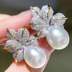 Elegant diamond leaf pearl copper earrings