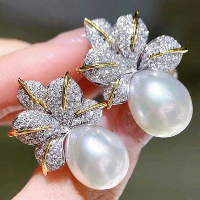 Elegant diamond leaf pearl copper earrings