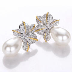 Elegant diamond leaf pearl copper earrings