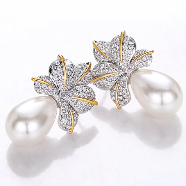 Elegant diamond leaf pearl copper earrings