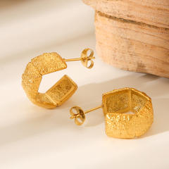 18KG geometric C shape frosted hammer pattern stainless steel earrings