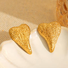18KG frosted heart hammer pattern stainless steel earrings