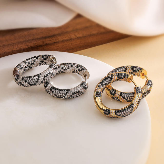 Personality leopard pattern full diamond copper huggie earrings