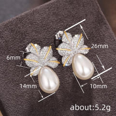 Elegant diamond leaf pearl copper earrings