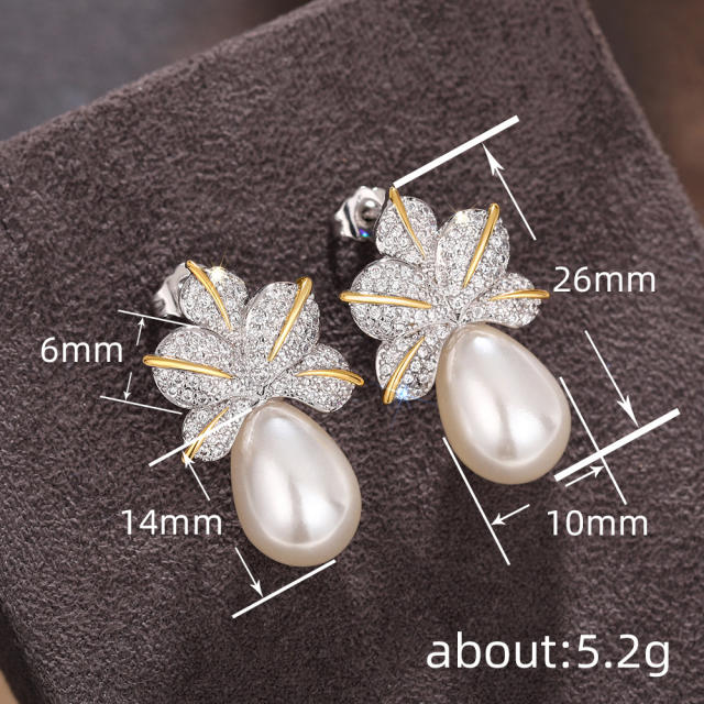 Elegant diamond leaf pearl copper earrings