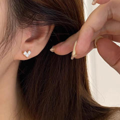 Simple diamond tiny heart copper studs earrings