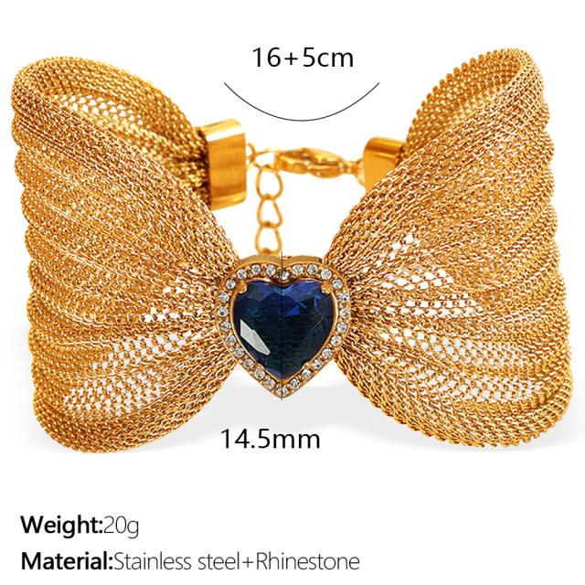 Chunky bow colorful diamond heart stainless steel women bangle bracelet