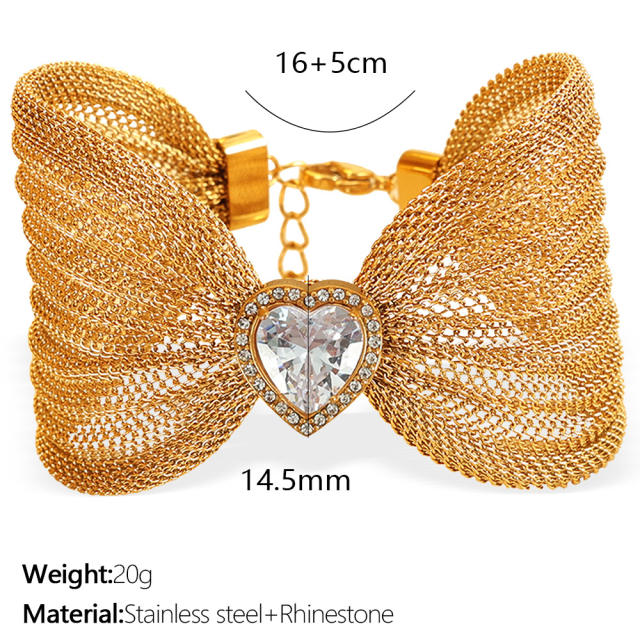 Chunky bow colorful diamond heart stainless steel women bangle bracelet