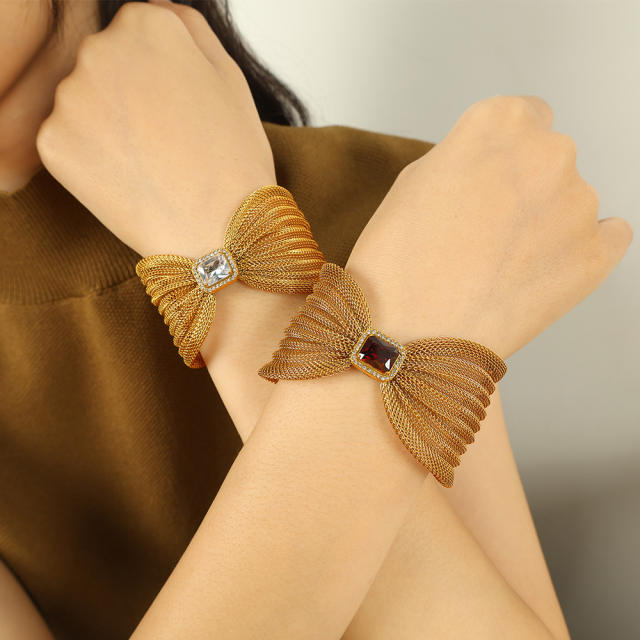 Elegant stainless steel big bow color cubic zircon bangle bracelet