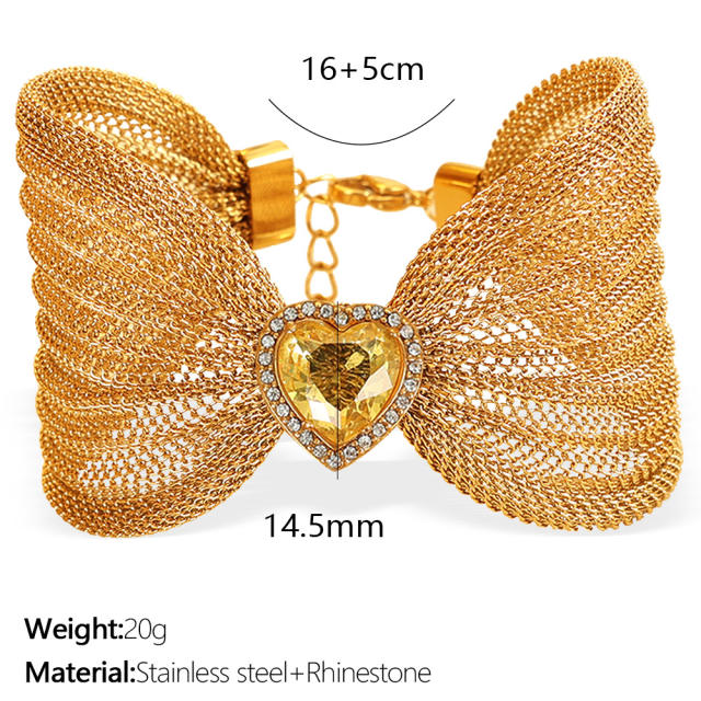 Chunky bow colorful diamond heart stainless steel women bangle bracelet