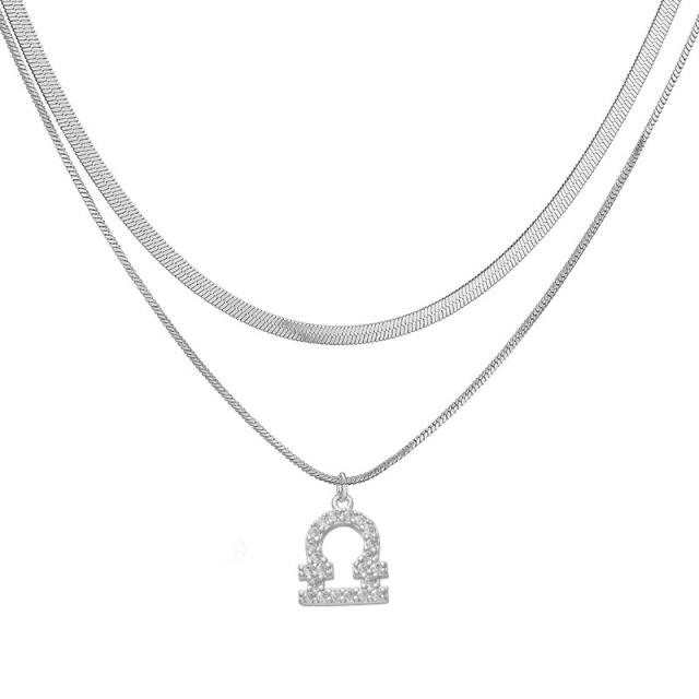 Hiphop two layer gold plated copper chain diamond zodiac pendant necklace