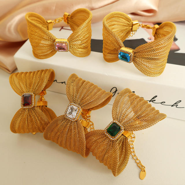 Elegant stainless steel big bow color cubic zircon bangle bracelet