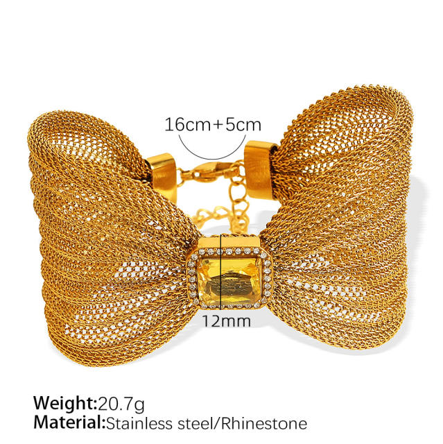 Elegant stainless steel big bow color cubic zircon bangle bracelet