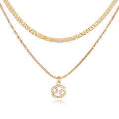 Hiphop two layer gold plated copper chain diamond zodiac pendant necklace