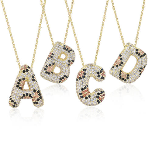 Hiphop Leopard pattern bubble letter initial letter pendant copper necklace