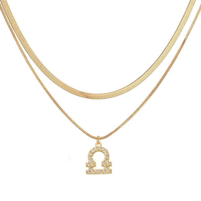Hiphop two layer gold plated copper chain diamond zodiac pendant necklace